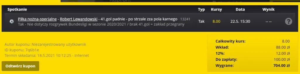 Lewandowski 41. gol - kupon Fortuna (przykład)